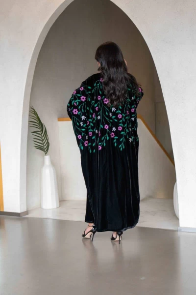 Black velvet bisht abaya with flower embroidery IB258 Black-Green