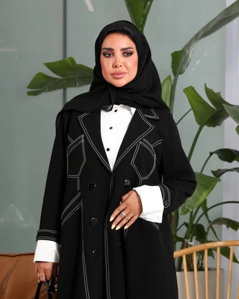 Black Crepe Abaya with White Embroidery Front IB209